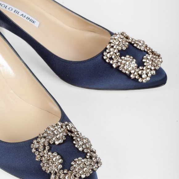 Manolo Blahnik Hangisi Blue Satin Jewel Pumps - Picture 7 of 11